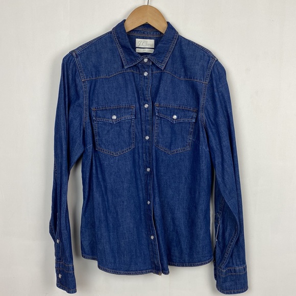 J.Crew 10 Denim Shirt Dark Rinse Pearl Snap Buttons Slim Western - Picture 3 of 14